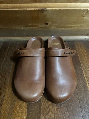 beek Brown Leather Slip-On Clog Sandals